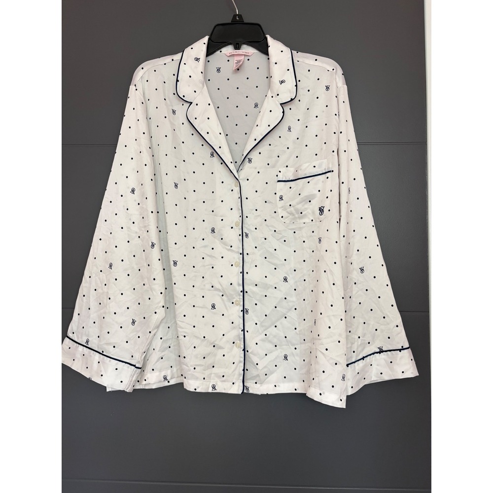 Victorias Secret Pajama Top XL White Blue Polka Dot Monogram Satin Button Down